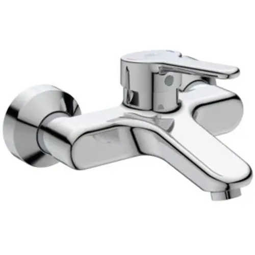 Chromfarbene Wand-Wasser-Armatur von Ideal Standard mit einem Einhebelmischer und einem Abfluss, geeignet für montierte Installation.